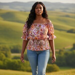 Cato Womens Size 18/20W Top Sheer Ruffle Multi Smocked Waist Peasant Boho Blouse